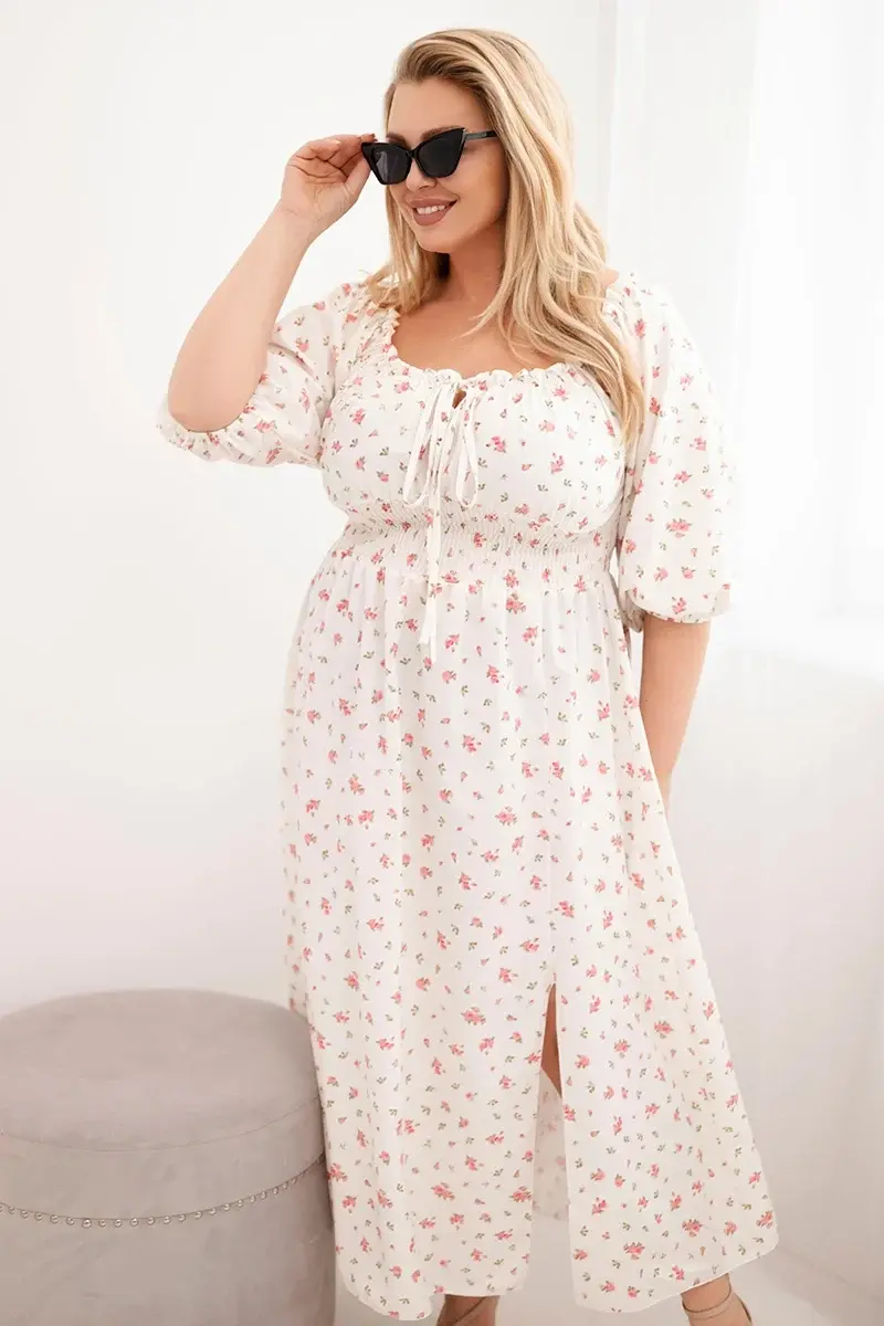 Kesi plus size šaty s viazaným výstrihom ecru