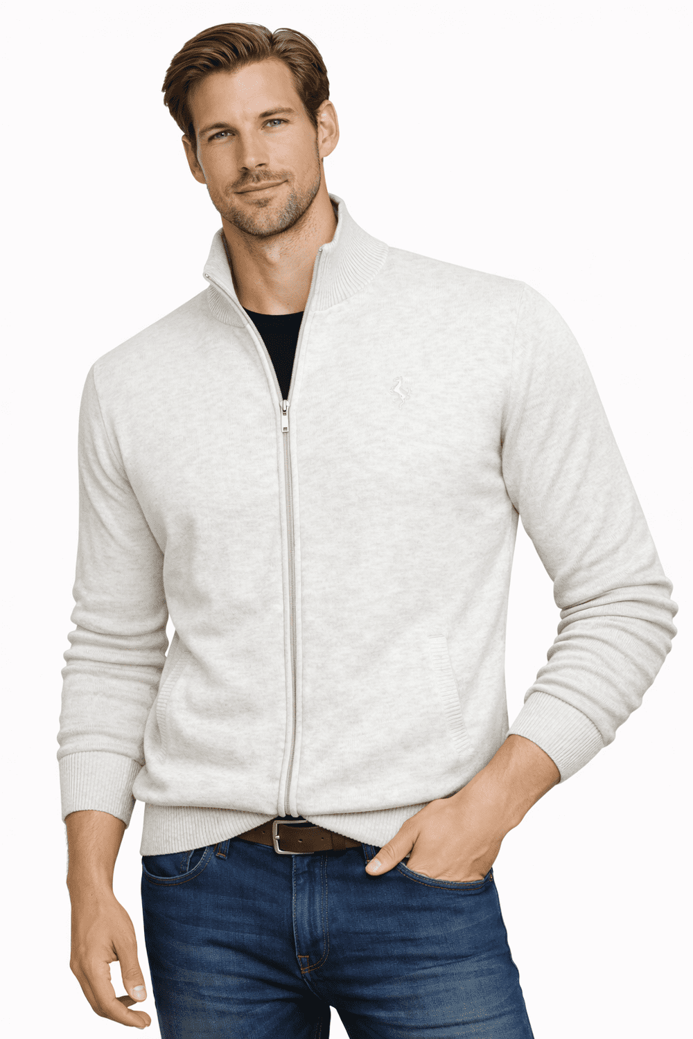 Pánsky béžový sveter na zapínanie