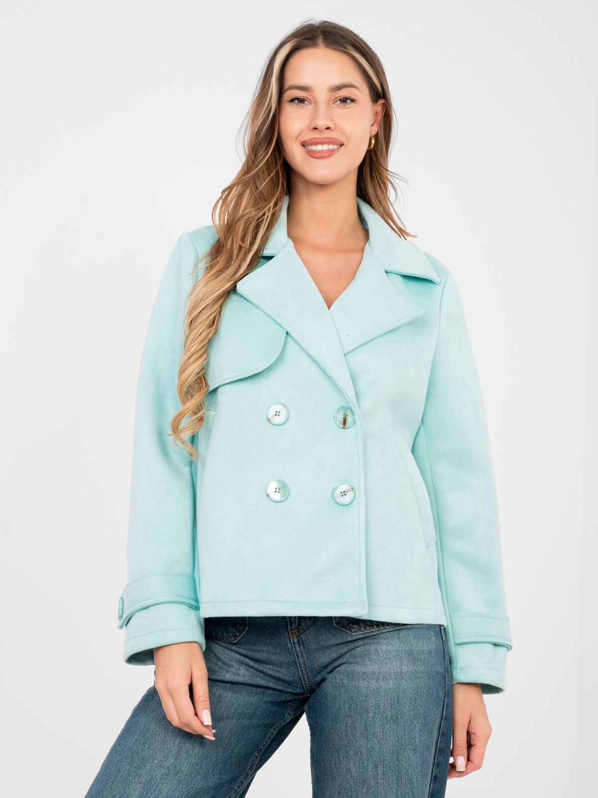 Krátky mätový kabát s golierom