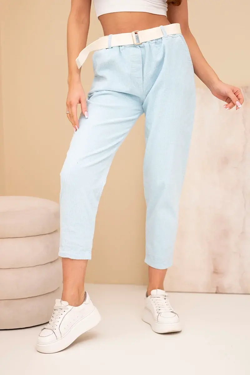 Kesi dámske menčestrové nohavice s opaskom modré