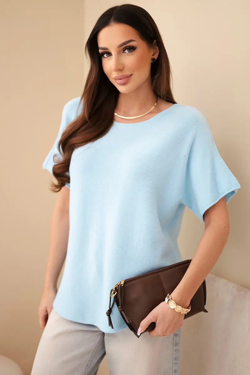 Dámsky voľný sveter s krátkym rukávom, modrý