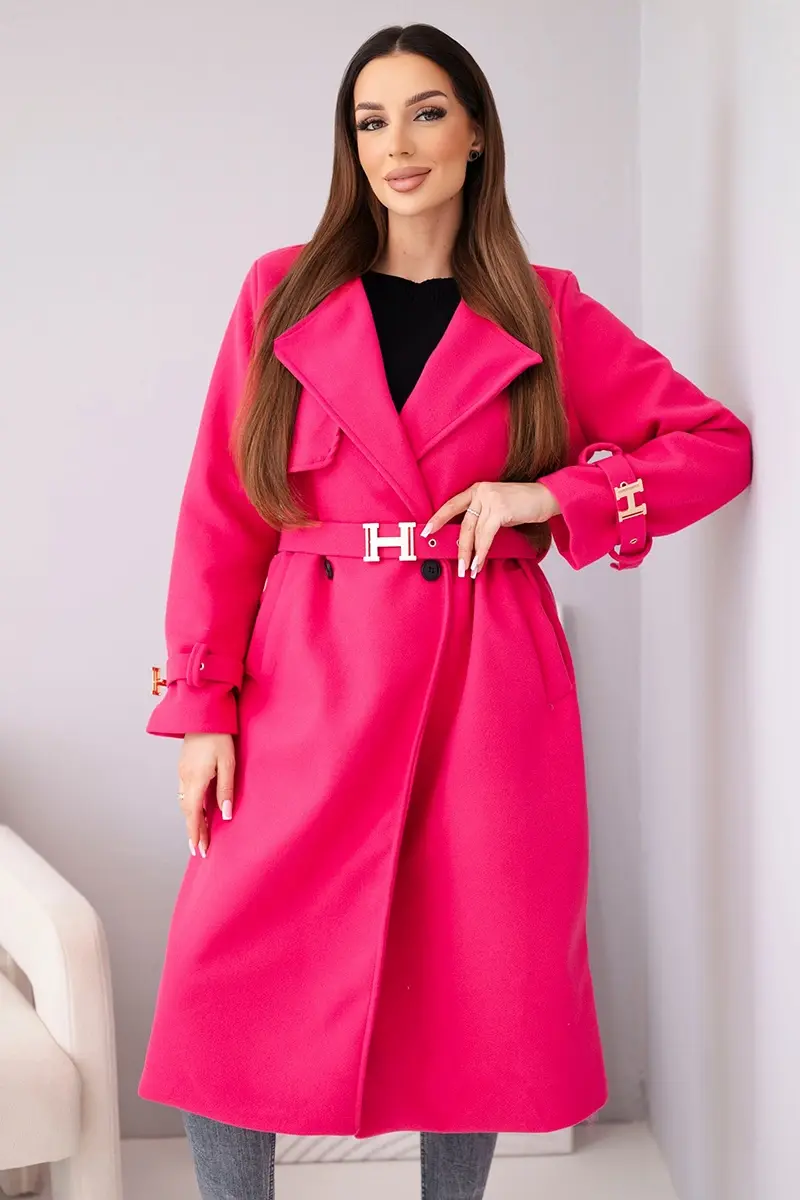 Kesi dámsky kabát s opaskom a zlatými prackami fuchsiový