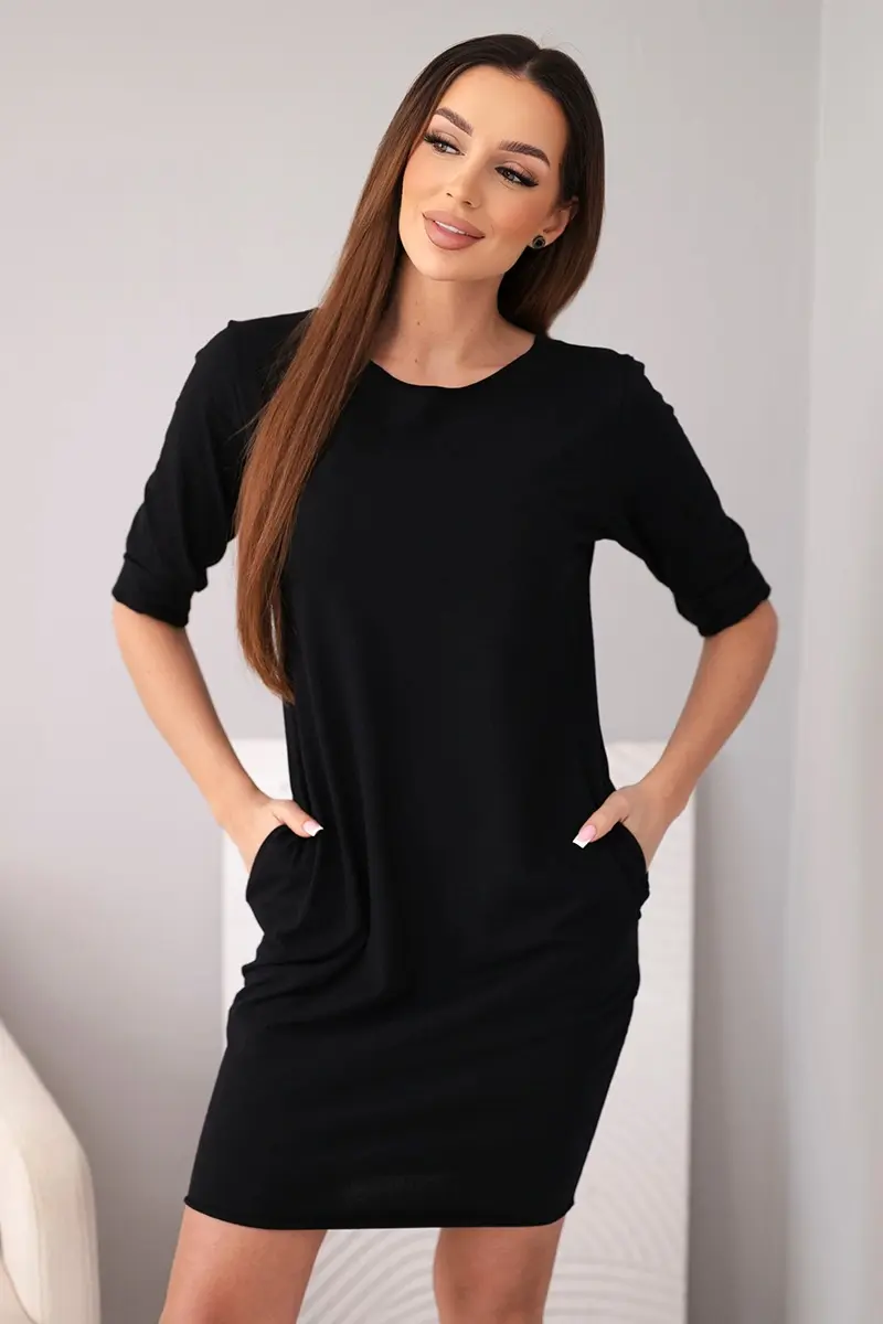 Kesi čierne bavlnené šaty s 3/4 rukávmi a vreckami
