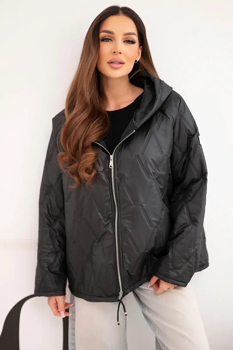 Jarná prešívaná bunda s kapucňou Kesi Włoski čierna