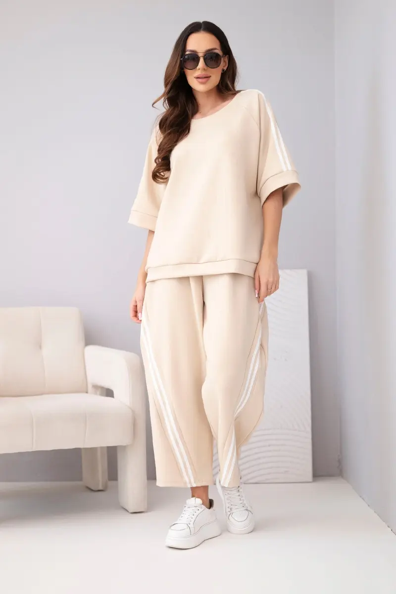 Kesi dámska súprava mikina a nohavice s pruhmi béžová