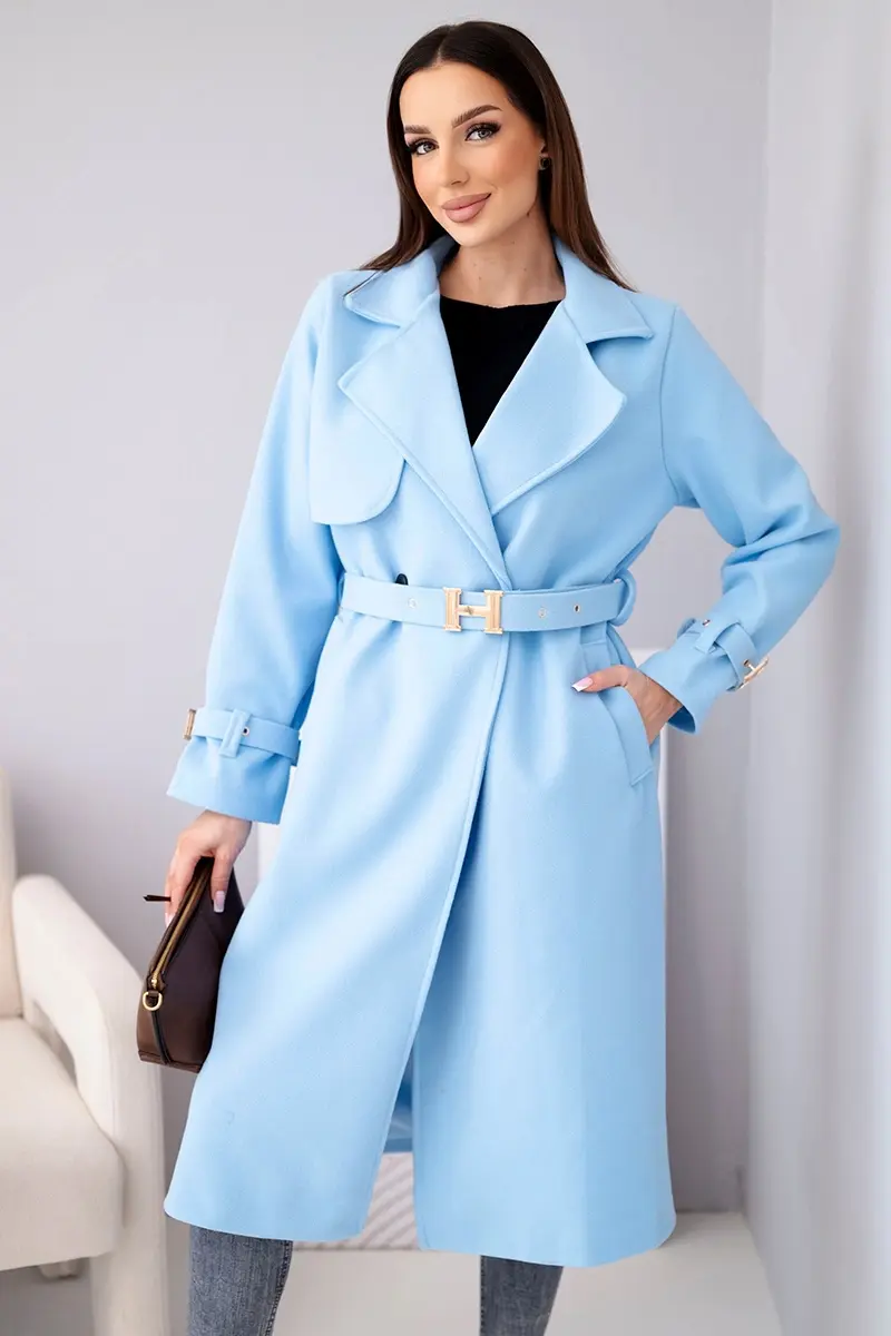 Kesi dámsky kabát s opaskom a zlatými prackami modrý