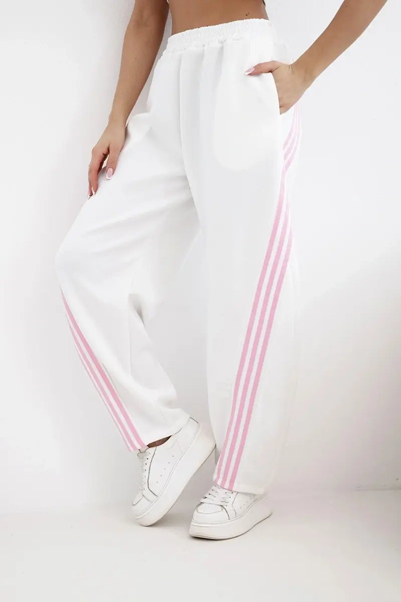 Kesi dámske viskózové nohavice s bočným pruhom biele