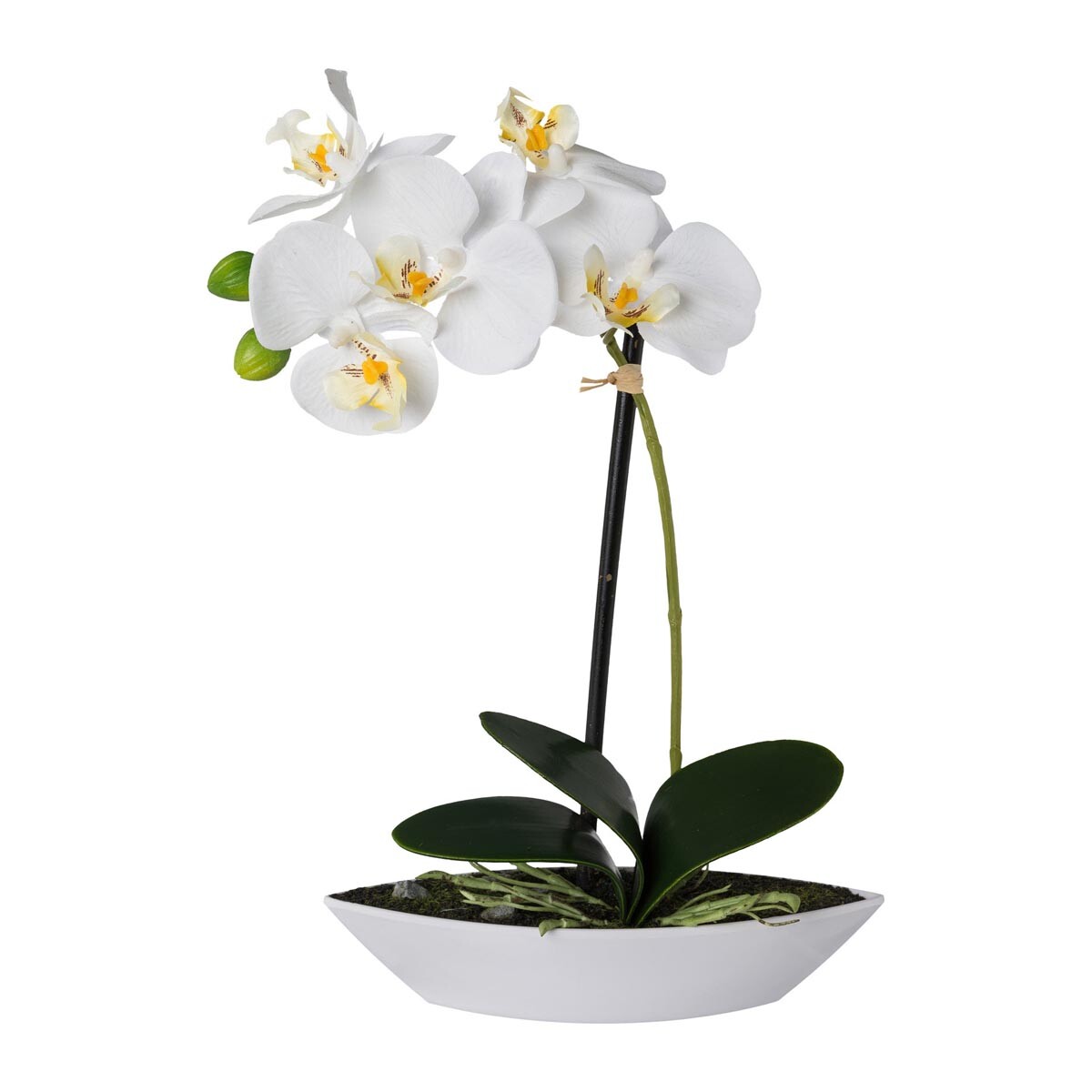 Umelá orchidea v oválnej miske, 30 cm, biela