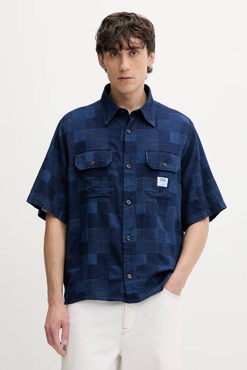 HUGO modrá košeľa pánska bavlnená Ekyno