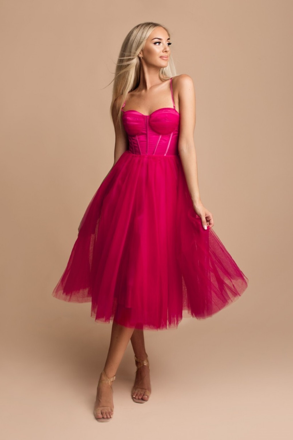 Eva & Lola Poškodený tovar - Cyklámenové midi šaty s korzetom a tylovou sukňou Veľkosť: L