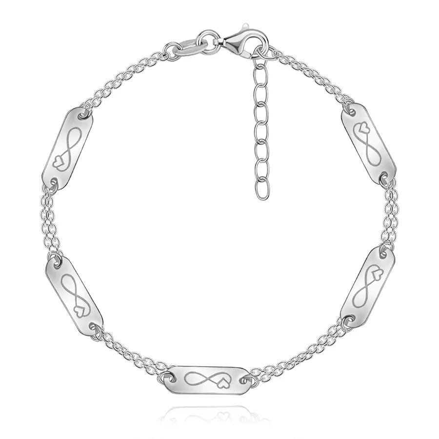 Strieborný náramok 925 dvojitá retiazka s tabuľkami nekonečna a srdca