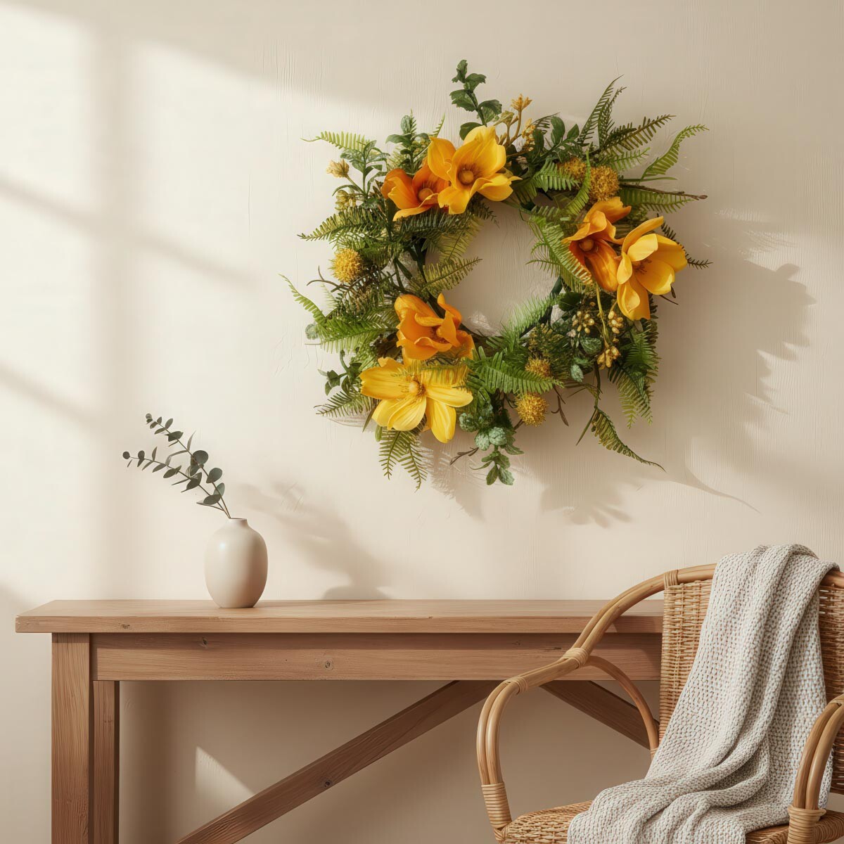 Dekoratívny veniec s kozmosom, 32 cm, žltý