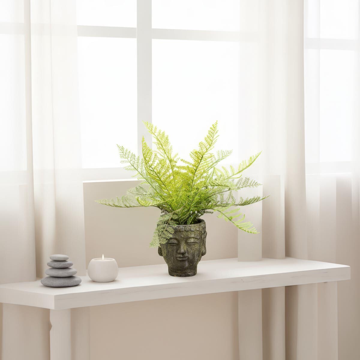 Umelá papraď v kvetináči s Budhom