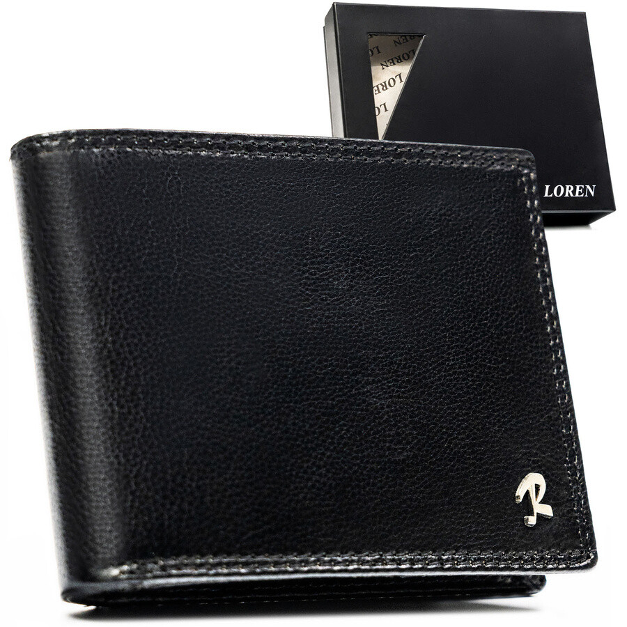Duży, skórzany portfel męski w czarnym kolorze z systemem RFID - Loren