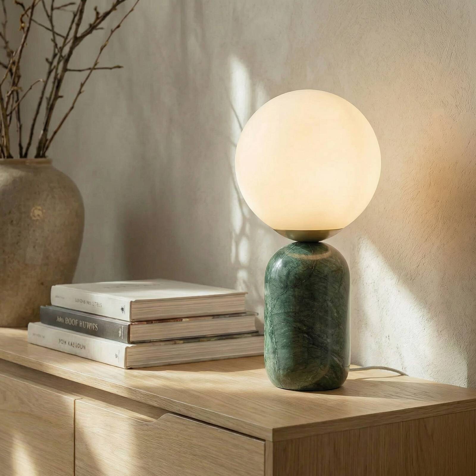 Lindby stolová lampa Lennes, zelená, mramor, sklo, Ø 20 cm