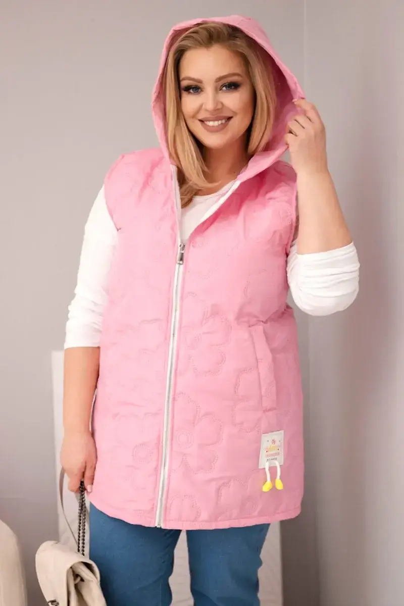 Dámska plus size vesta s kapucňou a kvetinovým prešívaním