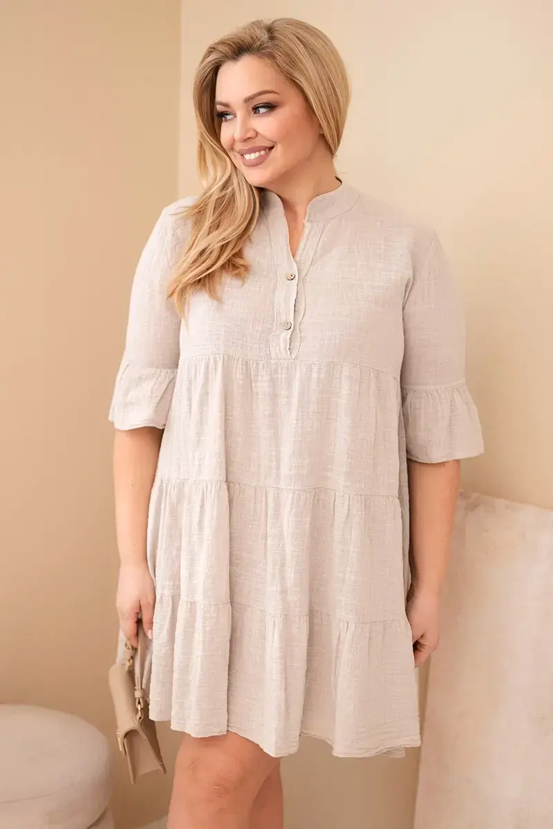 Plus-size bavlnené šaty s volánikmi béžové