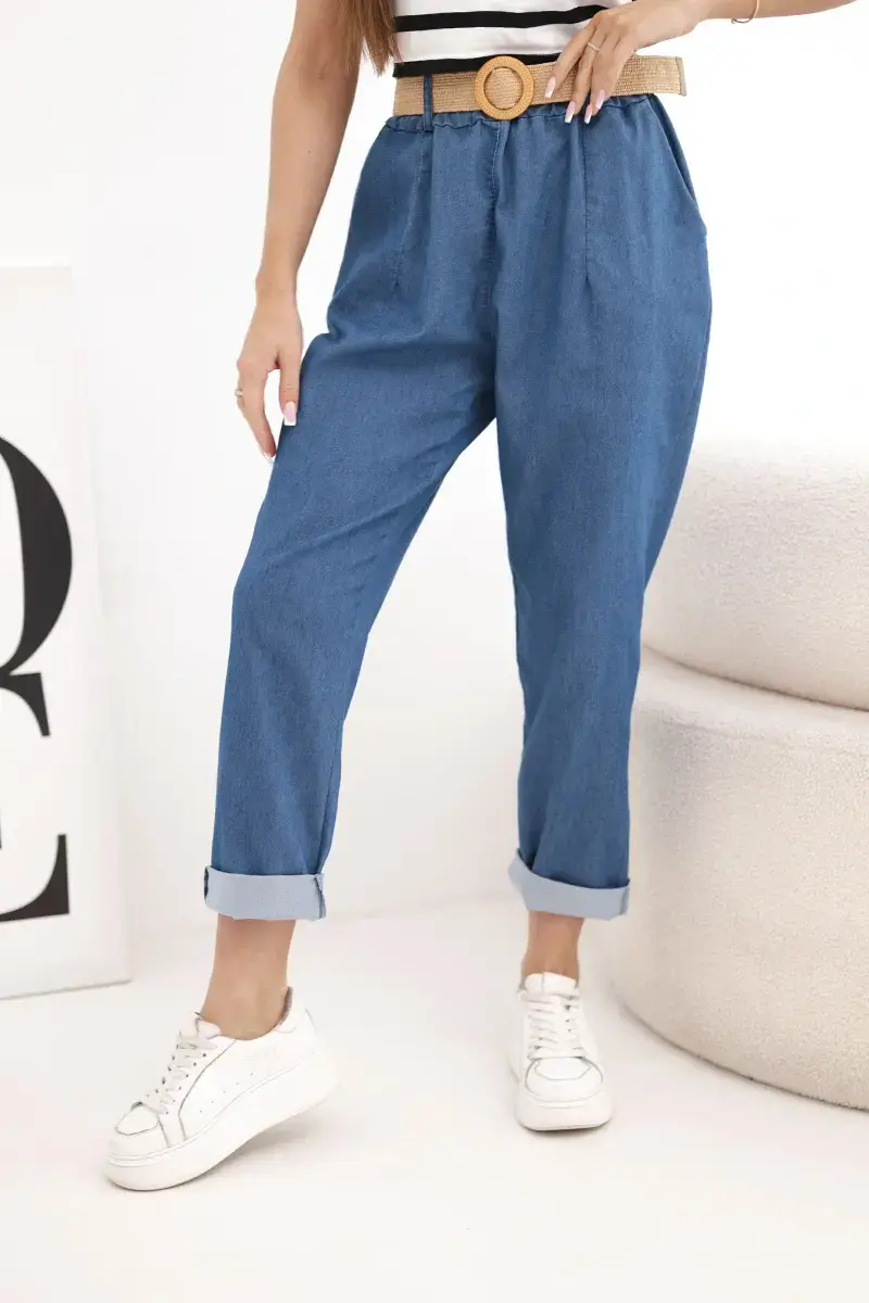 Dámske nohavice s vyhrnutým lemom a opaskom tmavé džínsy