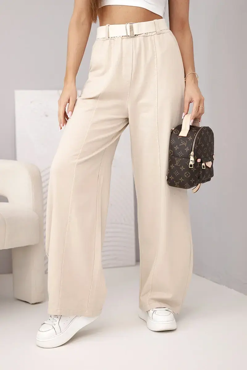 Kesi dámske široké nohavice s opaskom, béžové