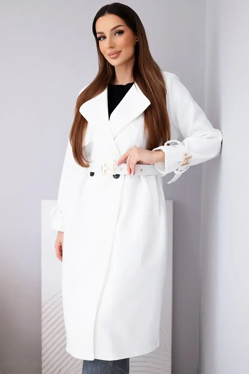 Dámsky ecru kabát Kesi s opaskom a zlatými prackami