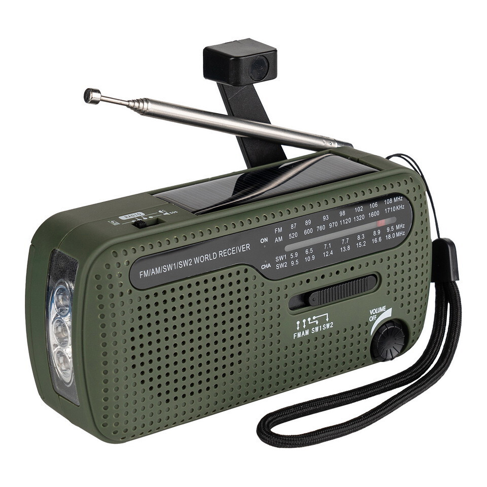 Multifunkčné rádiové svietidlo s nabíjačkou na kľučku Fosco Survival SW1/SW2/FM/AM - olivová