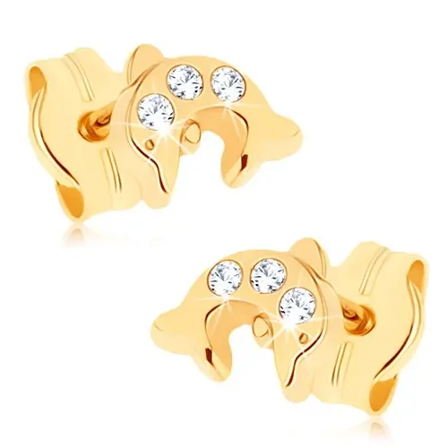 Zlaté náušnice 9K delfín s čírymi zirkónmi