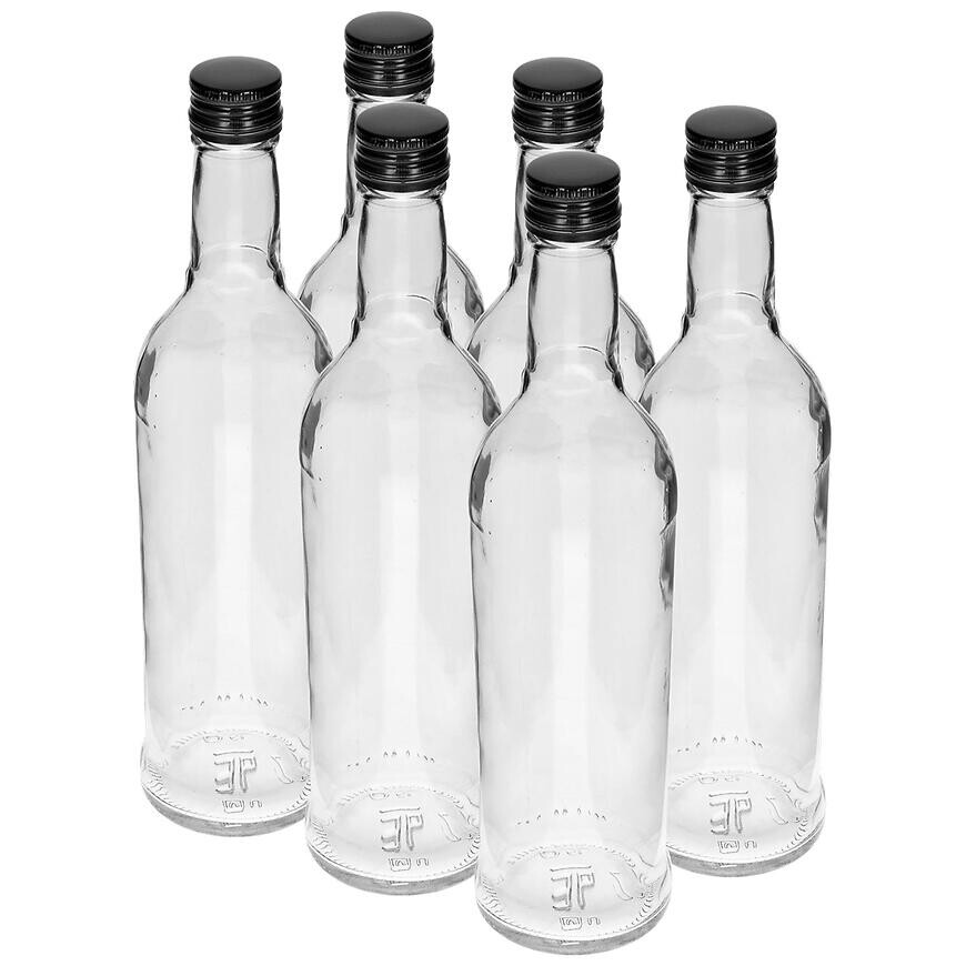 Fľaša 500 ml úzka na alkohol s čiernym uzáverom na závit 6 ks