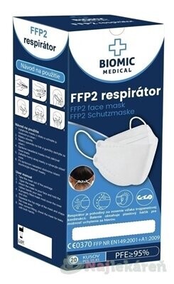 BIOMIC Respirátor FFP2, 3-panelový, biely, 20ks