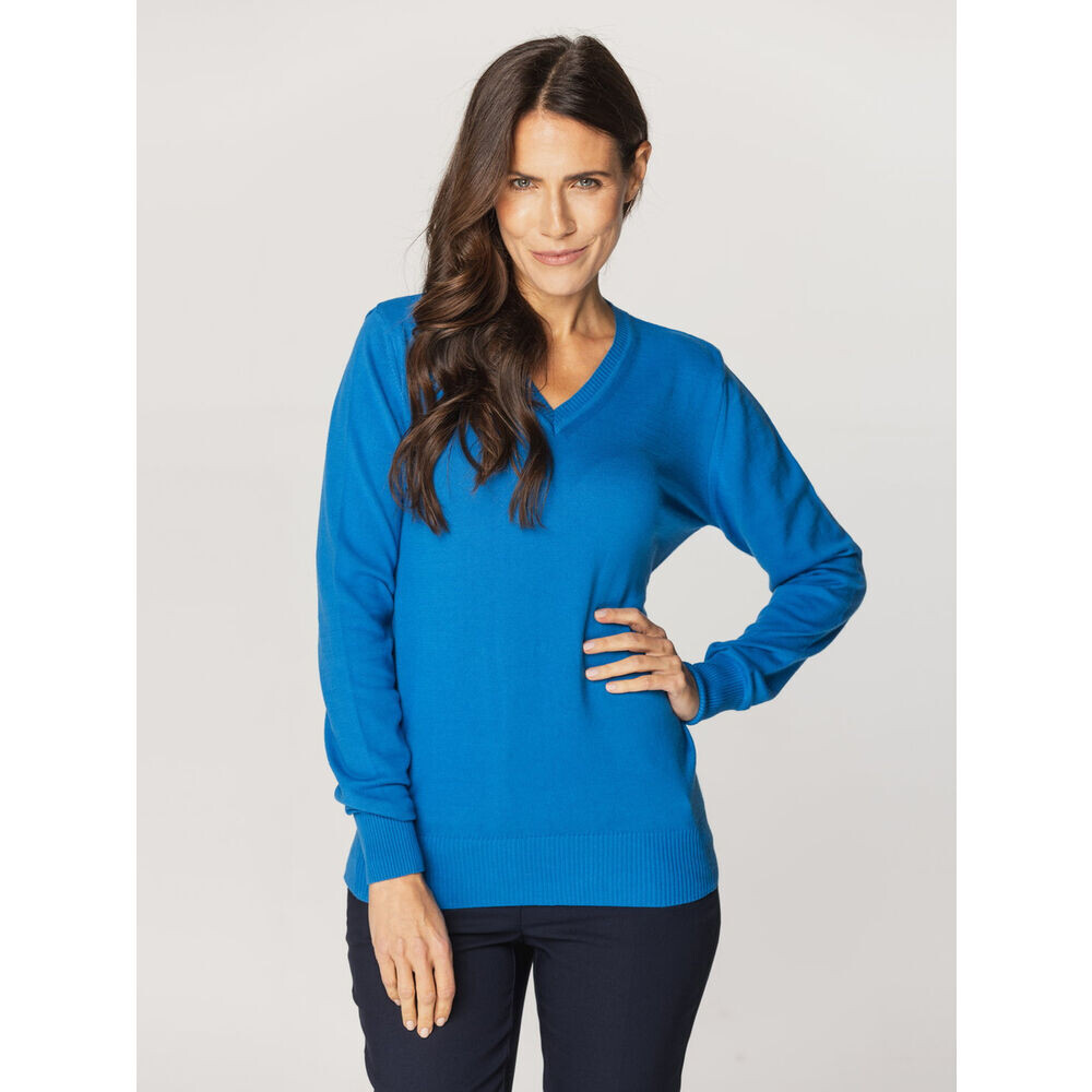 Dámsky modrý bavlnený sveter s výstrihom do V 15935