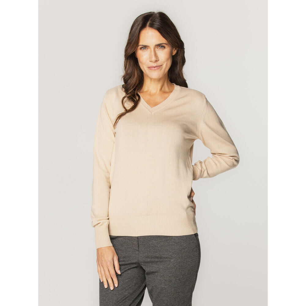 Dámsky béžový bavlnený sveter s výstrihom do V 15937