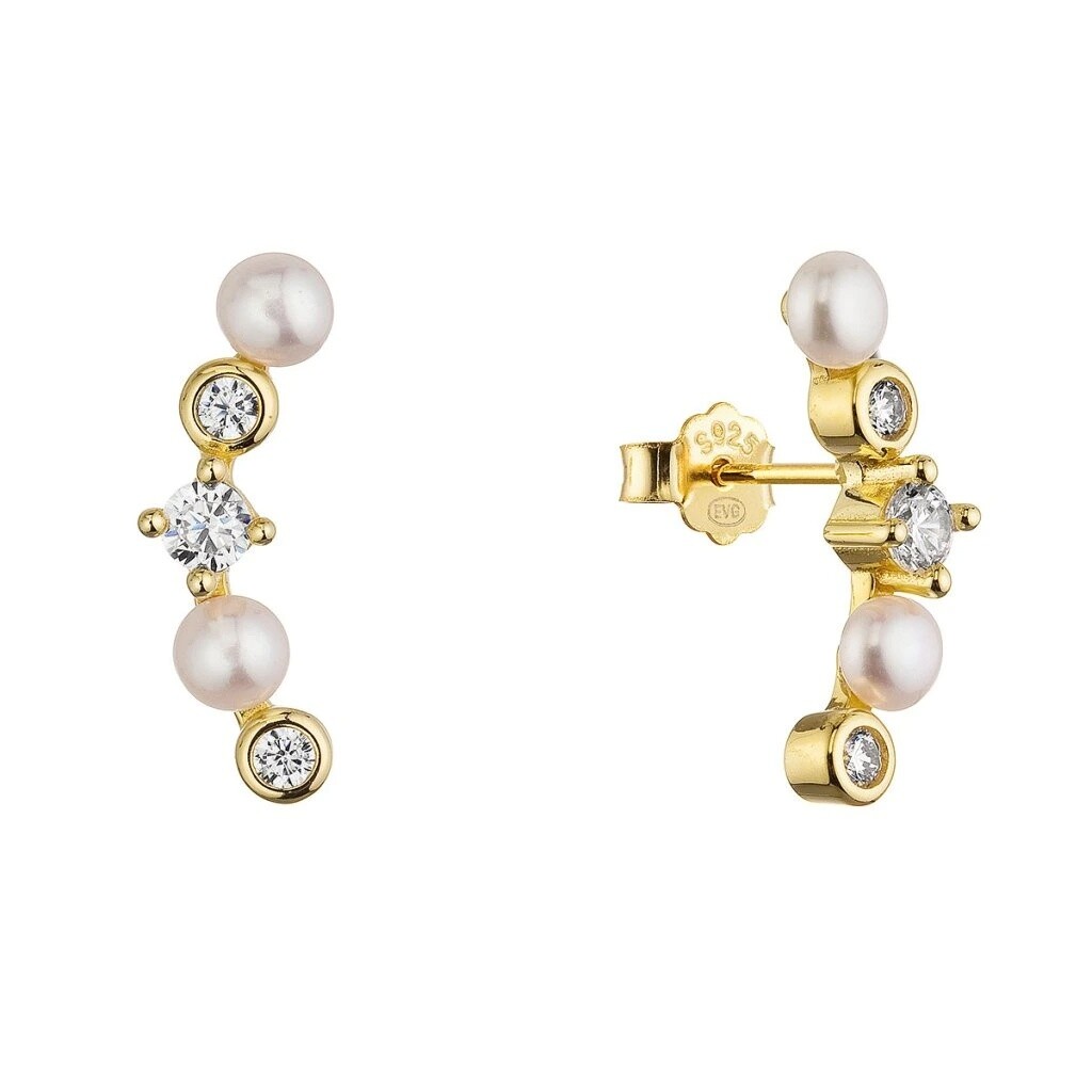 Evolution Group Pozdĺžne pozlátené náušnice s perlami a zirkónmi 21124.1
