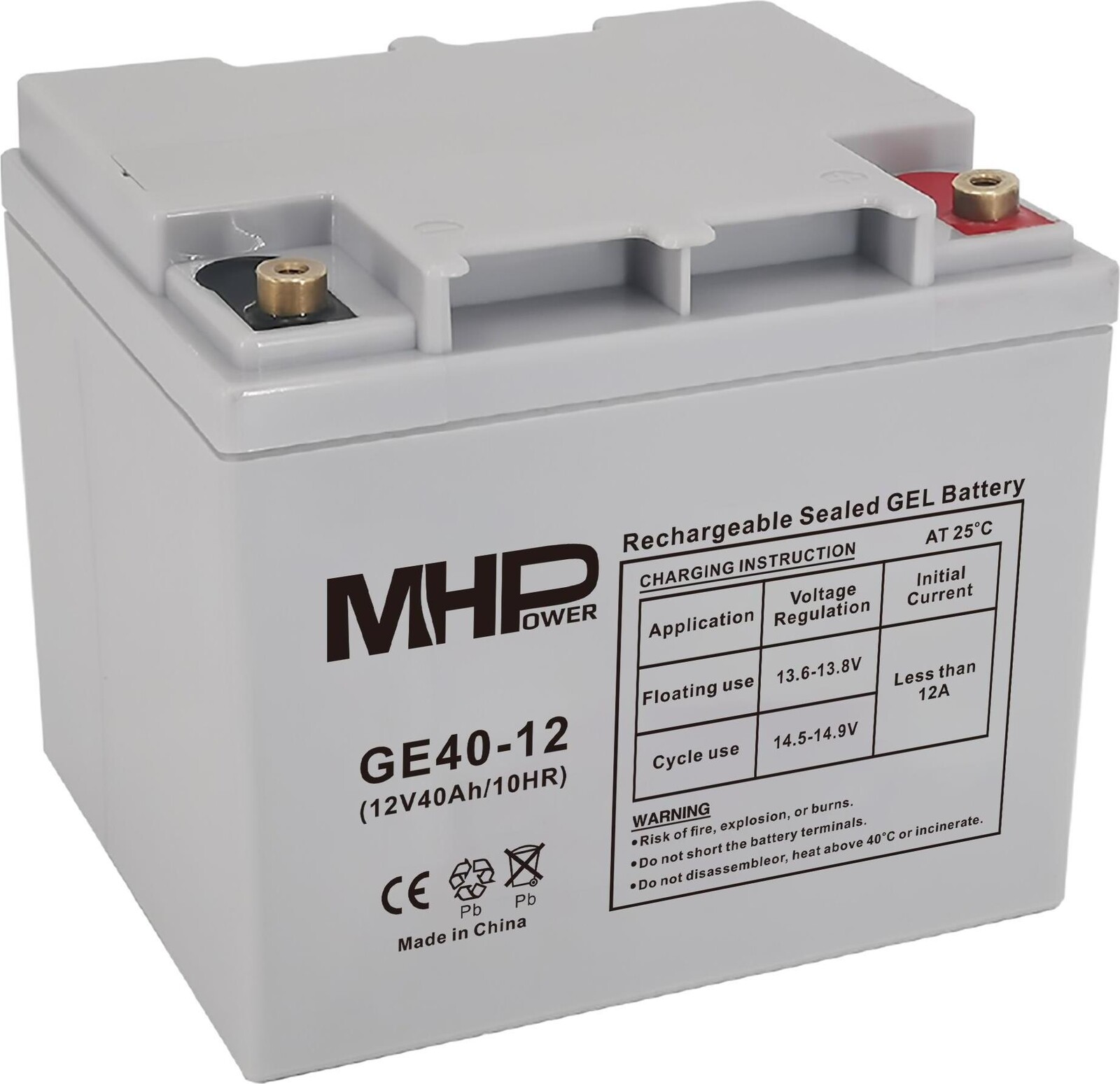 MHPower GE40-12 Gélový akumulátor 12 V/40 Ah, Terminál T1 – M6, Deep Cycle; GE40-12