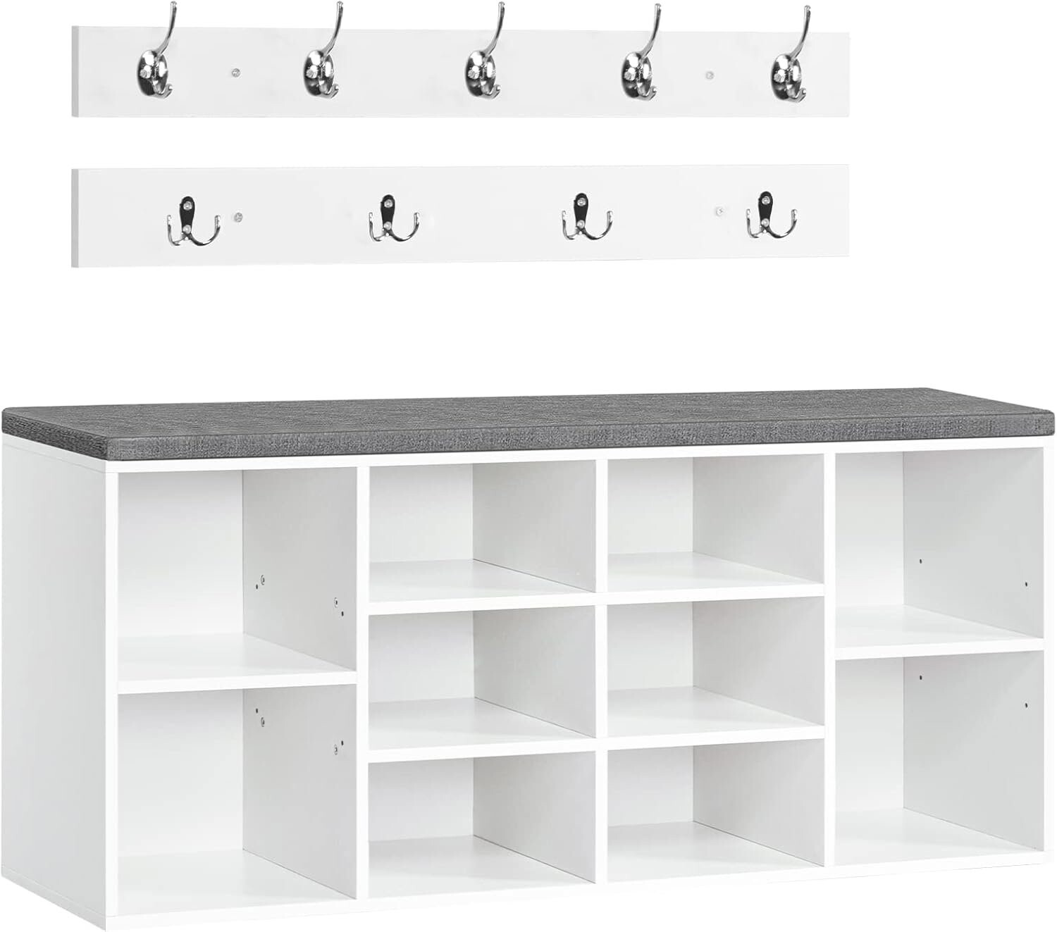 Vasagle Předsíňový věšák s botníkem a sedákem Jungo 104 cm, bílo-šedý