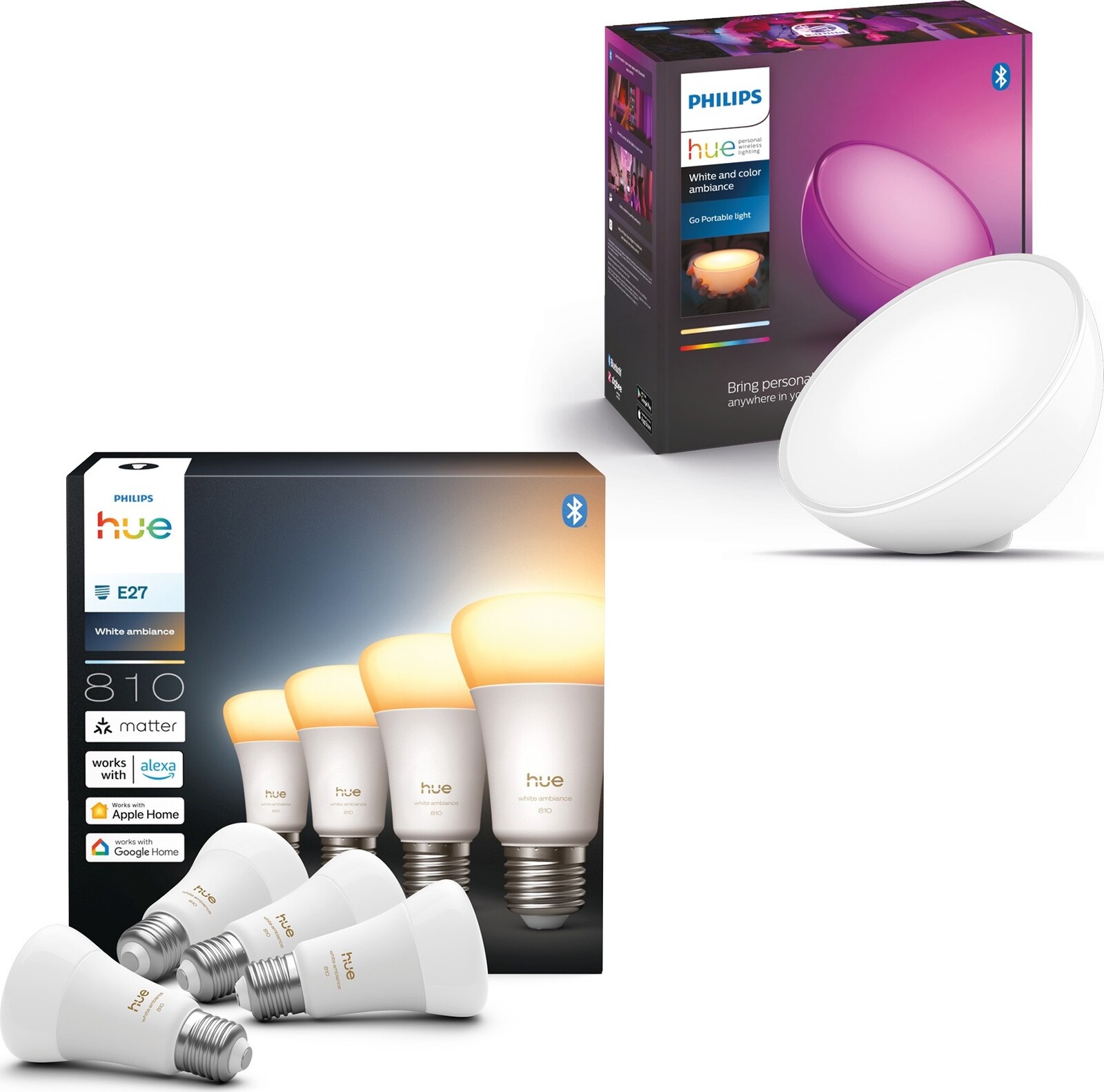 Philips Hue White Ambiance 6W 810 E27 4ks + Hue GO v2