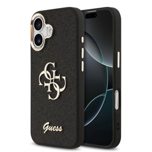 Guess PU Fixed Glitter 4G Metal Frame Zadní Kryt pro iPhone 17 Black