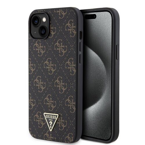 Guess PU 4G Triangle Metal Logo Zadní Kryt pro iPhone 15 Plus Black