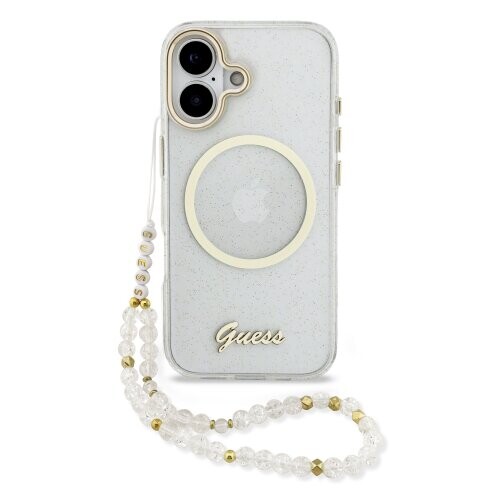 Guess IML Glitter Script Strap MagSafe Zadní Kryt pro iPhone 17 Transparent