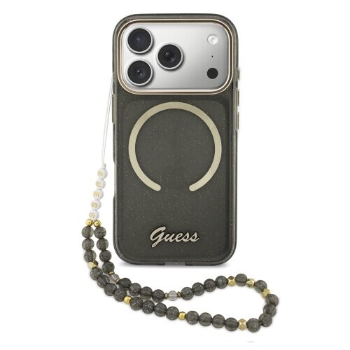 Guess IML Glitter Script Strap MagSafe Zadní Kryt pro iPhone 17 Pro Black