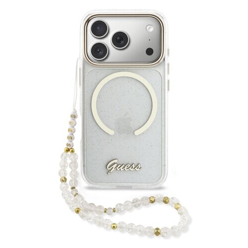 Guess IML Glitter Script Strap MagSafe Zadní Kryt pro iPhone 17 Pro Max Transparent
