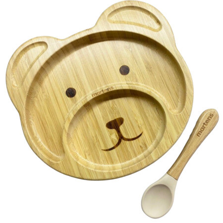 MARTONS Bambusový tanier s prísavkou a lyžičkou pre bábätká macík set
