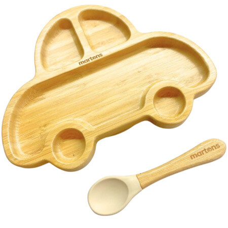 MARTONS Bambusový tanier s prísavkou a lyžičkou pre bábätká auto set