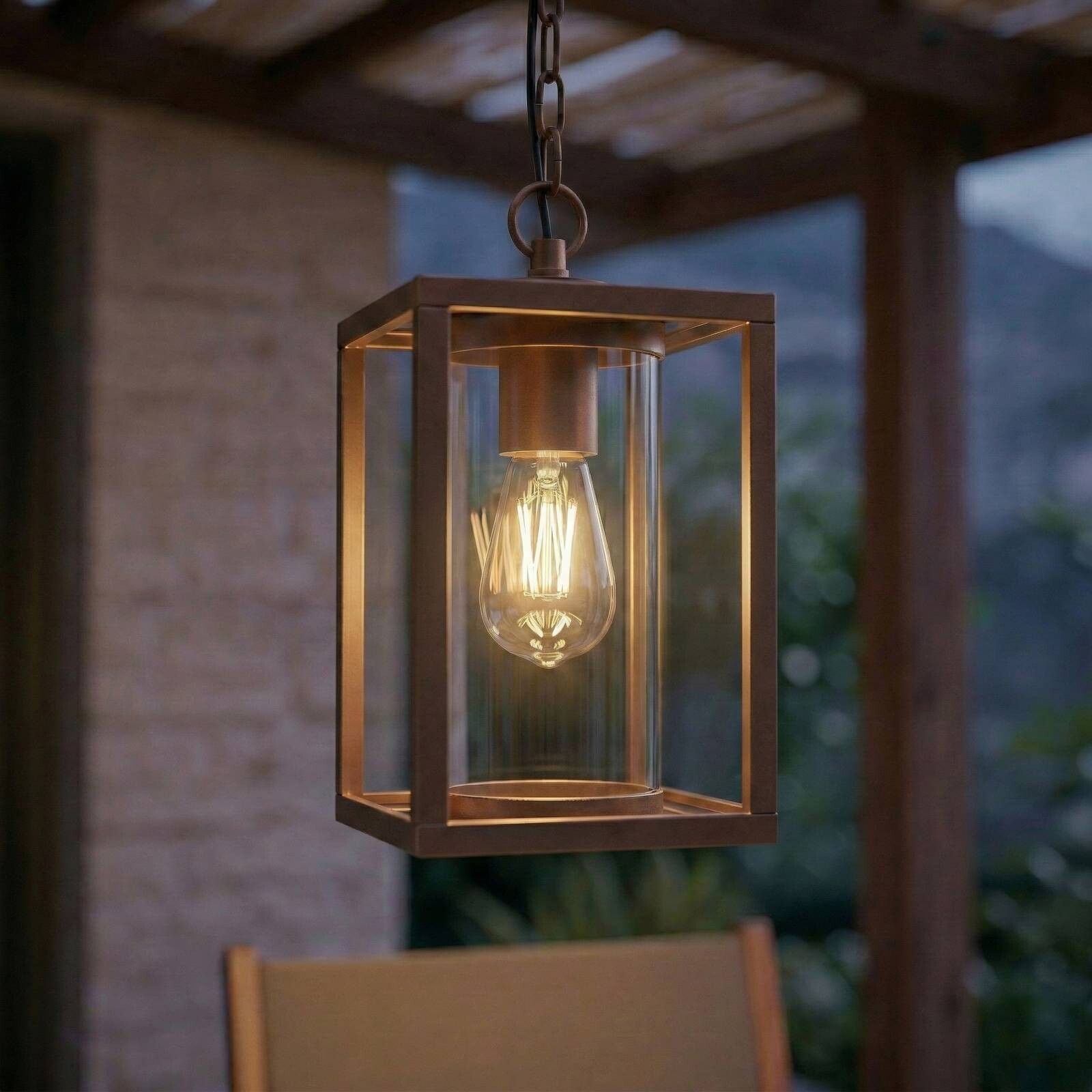 Lucande Vonkajšia závesná lampa Ferda, hnedá, IP44, sklo, E27