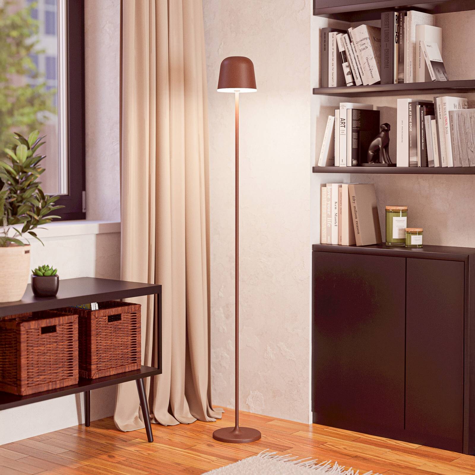 LED akumulátorová terasa lampa Mannera-L, farba hrdza, výška 140 cm