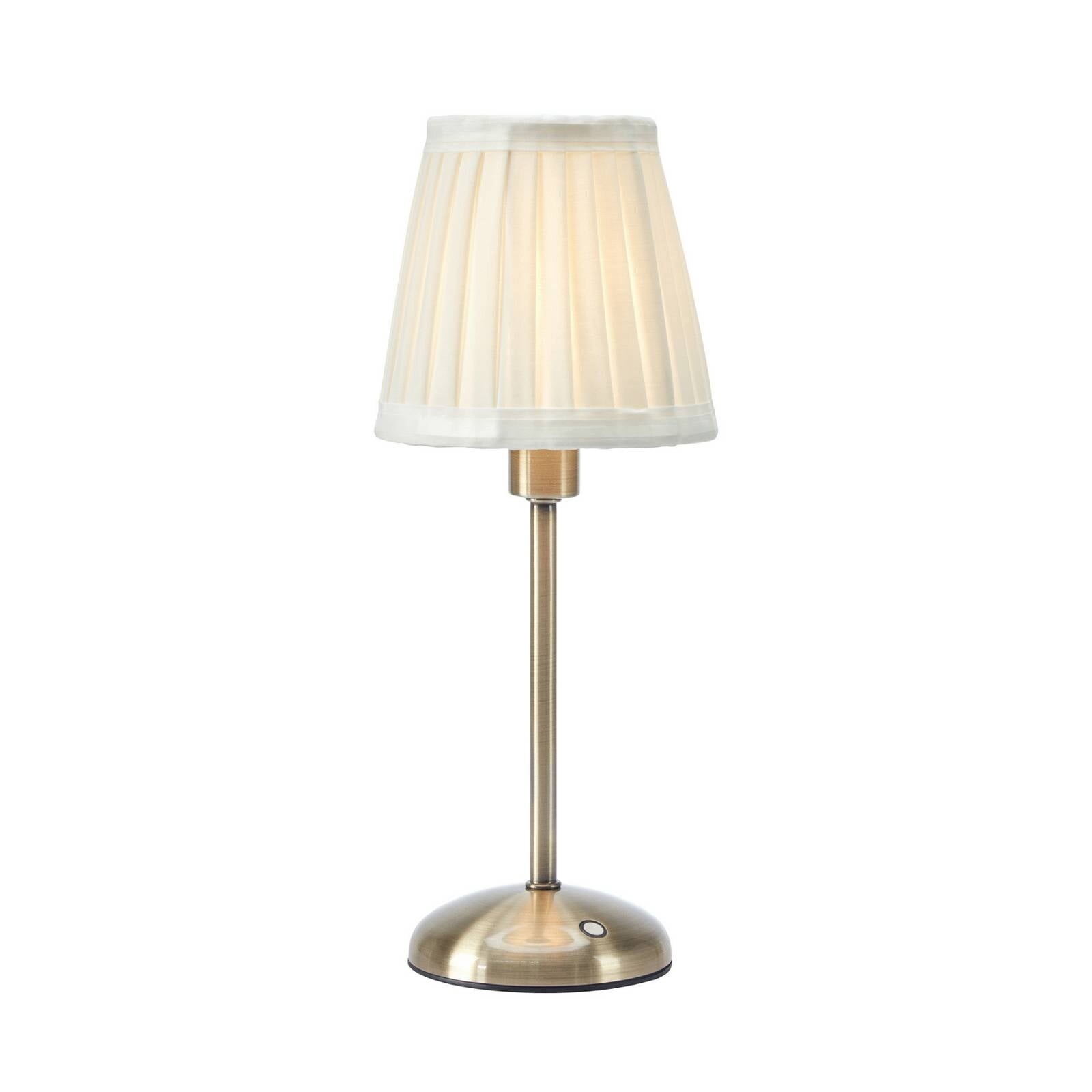 Stolová lampa Anno, starý mosadz/biela, stmievateľná, nabíjacia stanica