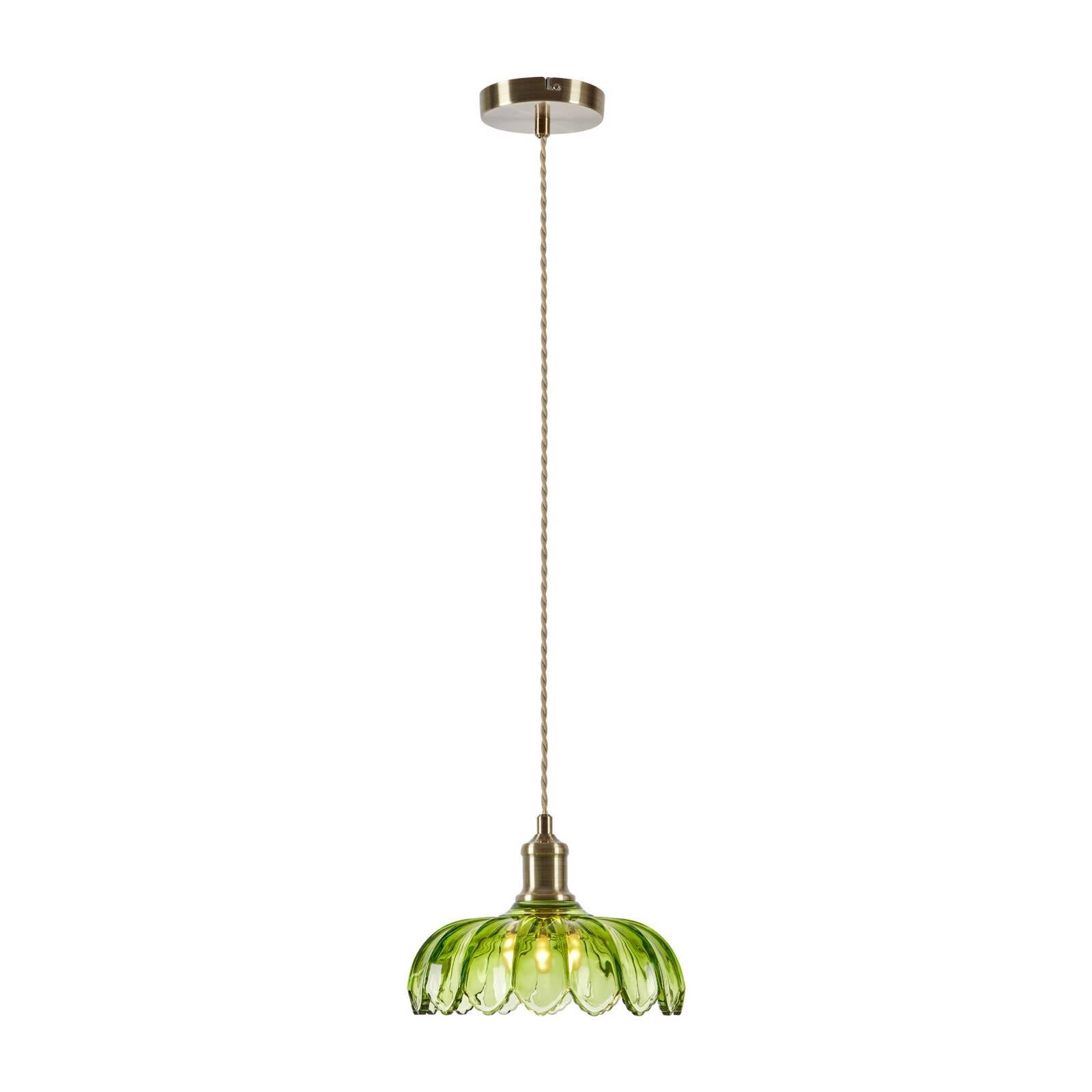 Závesné svietidlo Kurage, starý mosadz/zelená, sklo, Ø 26 cm, E27