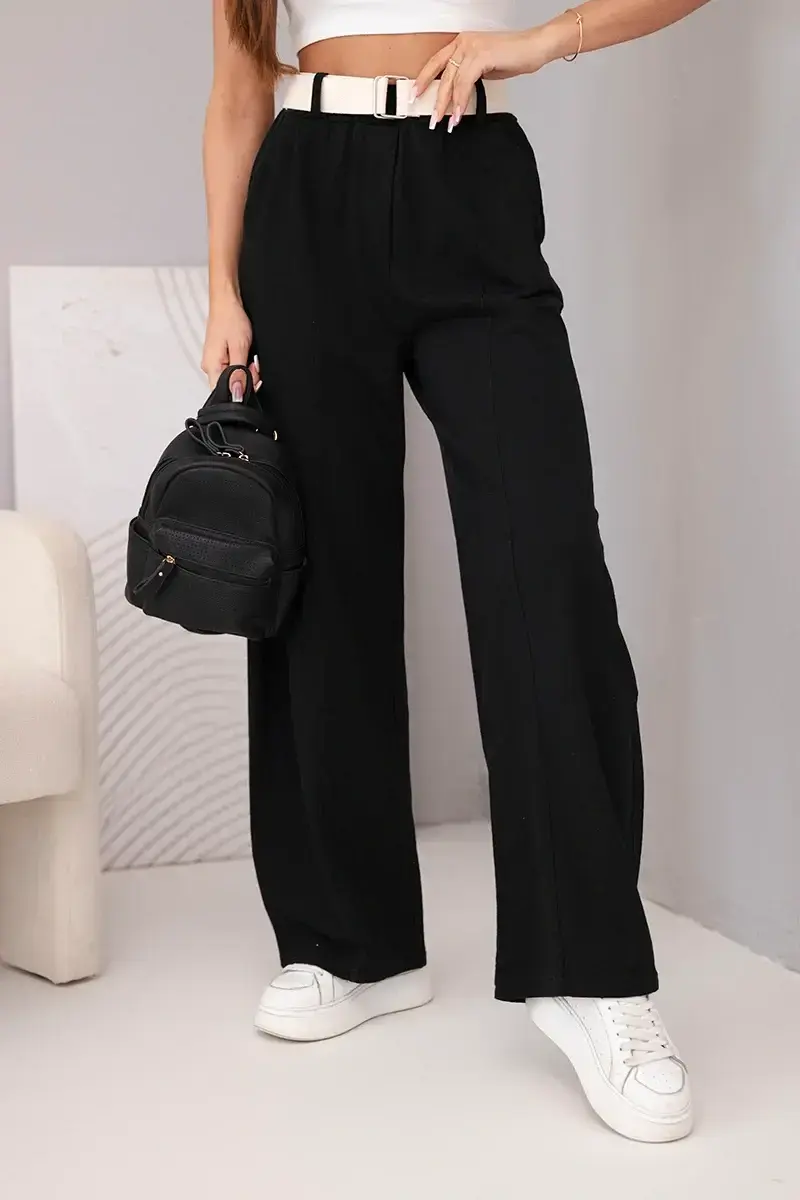 Kesi dámske široké nohavice s opaskom, čierne