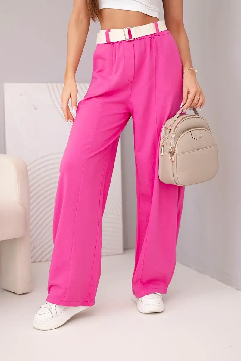 Kesi dámske široké nohavice s opaskom ružové