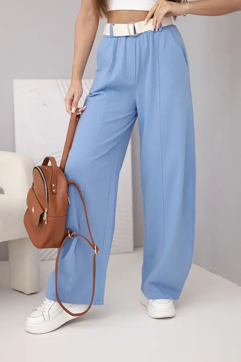 Dámske bavlnené nohavice s opaskom, denim modrá