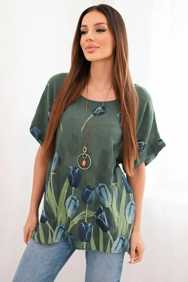 Dámska bavlnená blúzka s kvetinovým vzorom, tmavá khaki