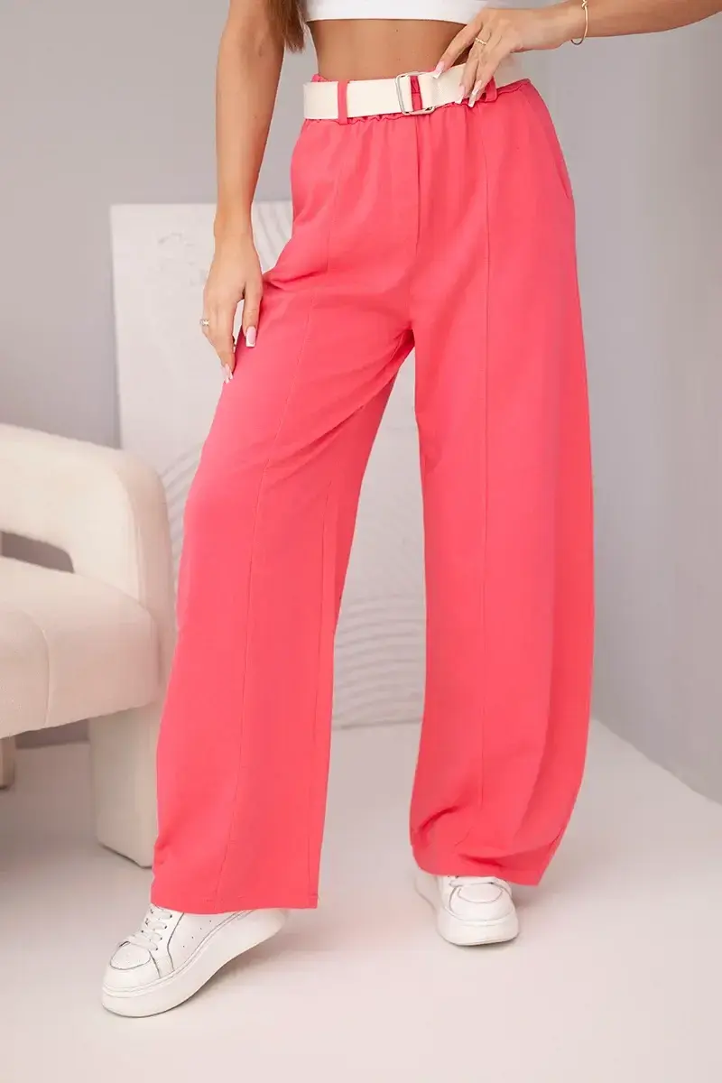 Kesi dámske široké nohavice s opaskom, malinové